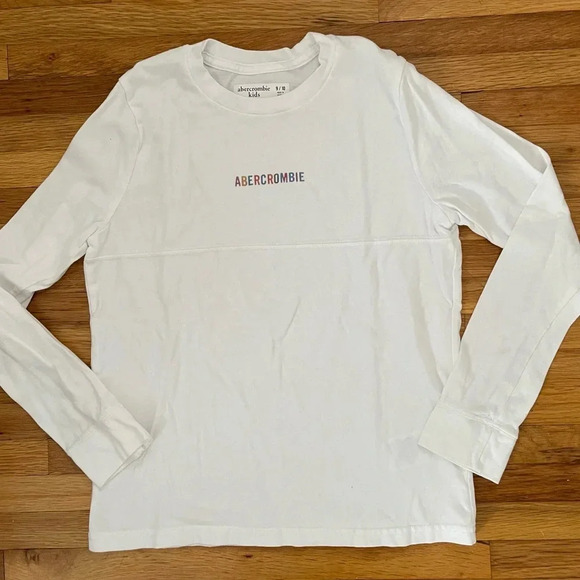 4/$25 Abercrombie kids Boys White Long Sleeve T-Shirt with Holographic Logo - Picture 1 of 7